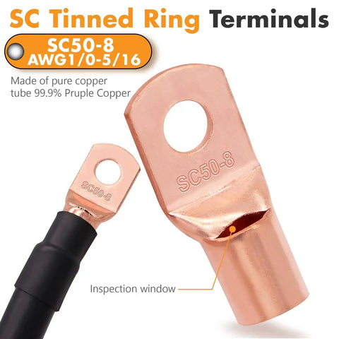 Copper SC tinned ring terminal for 1/0 Gauge CCA Power And Ground Wire Kit 40 Ft Total 20 Ft Red 20 Ft Black with free cutter