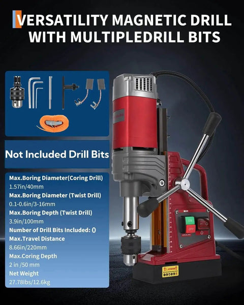 Portable Magnetic Drill Press With Adapter 1450W 820RPM 1.57 Inch Boring Diameter Kit shown with drill components and specifications.