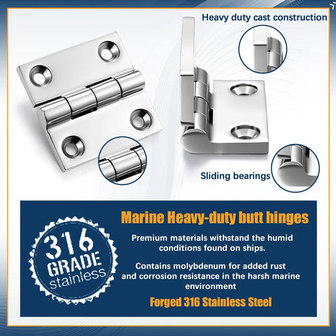 BBTO 6-pack 316 stainless steel boat hinges with screws; marine-grade, heavy-duty hardware