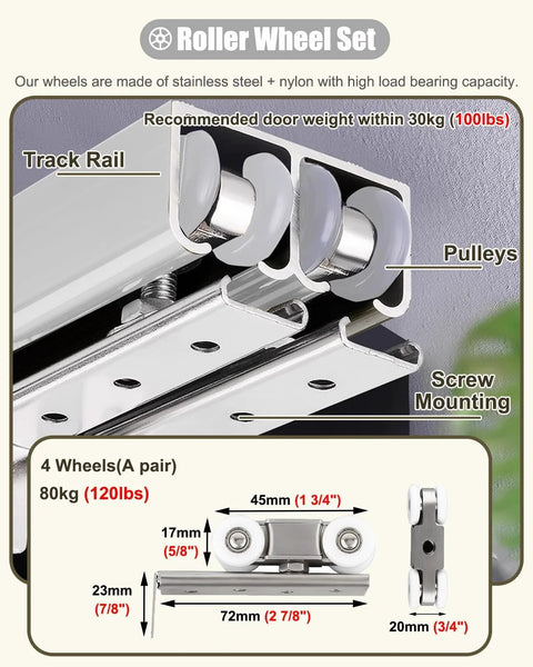 Heavy Duty Sliding Barn Door Hardware Kit For Two Bypass Doors 106 Inch Track With Four Nylon Roller Wheels.