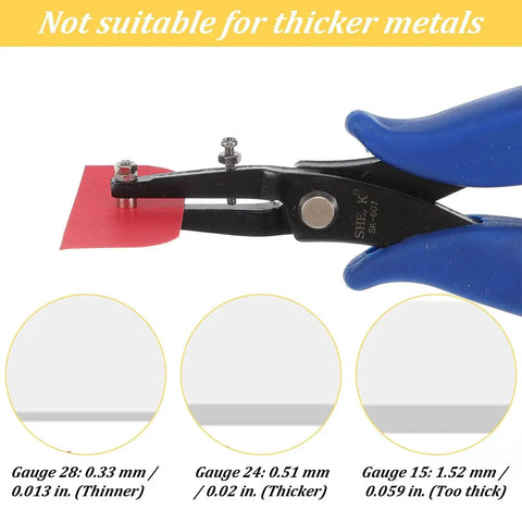 One Sixteenth Inch Round Hole Punch Pliers for Sheet Metal and Leather Crafting showing thickness gauge suitability details