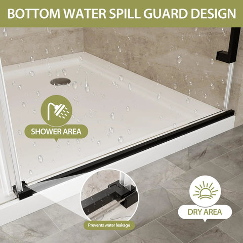 Barn-Style Sliding Shower Door With Exposed Rollers, 8mm Clear Tempered Glass, Matte Black Stainless Steel Hardware, Walk-In Shower Enclosure, Sleek Frameless Look, 60 Inch Wide By 75 Inch High, Modern Glass Door spill guard design close-up