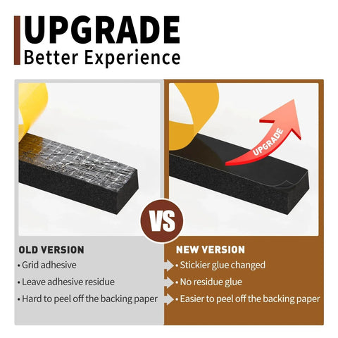 Comparison of old and new Self-Adhesive Thin Foam Weather Stripping Tape 1/2 Inch Wide by 1/16 Inch Thick, 33 Ft Long, showing adhesive upgrade.