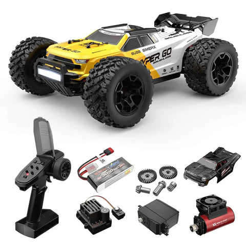1/14 Scale 4X4 Brushless RC Truck Ready To Run Beast With 4200KV Motor And 50A ESC, remote, battery, and parts shown