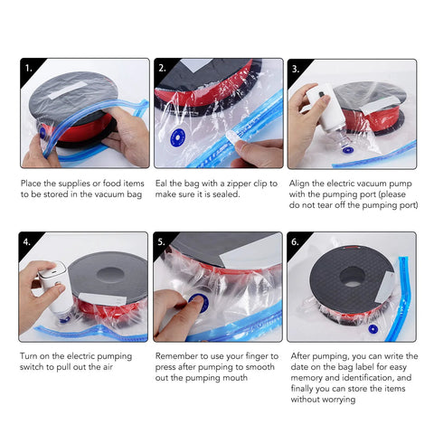 Electric cordless vacuum pump with blue vacuum bag; six-panel setup showing bag insertion, zipper sealing, pump alignment, turning on, smoothing air, and labeling.