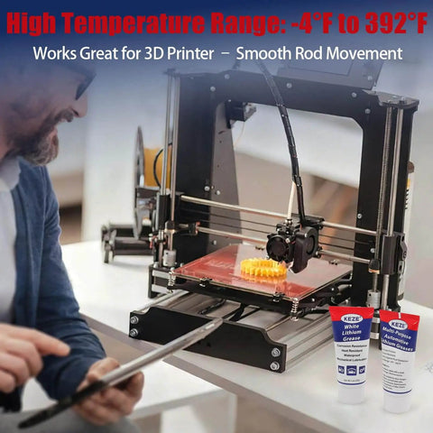 3D printer in use with Multi Purpose Lithium Grease For Automotive Bike And Garage Gear Lubricant High Temp Heavy Duty NLGI 2 With Brush For Bearings Gears Hinges Sunroofs Track Rails And More 2 Pack 1oz Tubes displayed