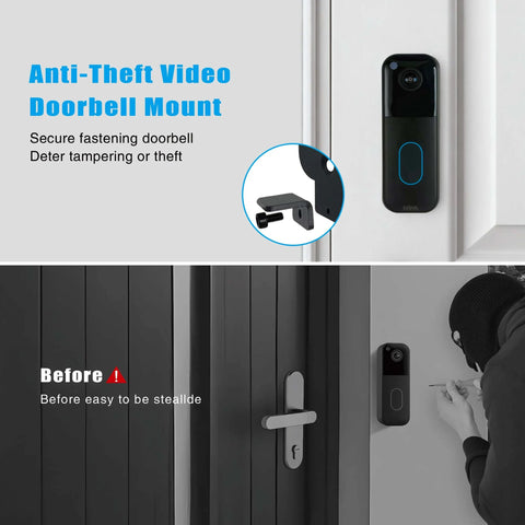 No Drill Adhesive Doorbell Mount With Metal Anti Theft Backplate installed on door with video doorbell, showing secure fit, ideal for home security.