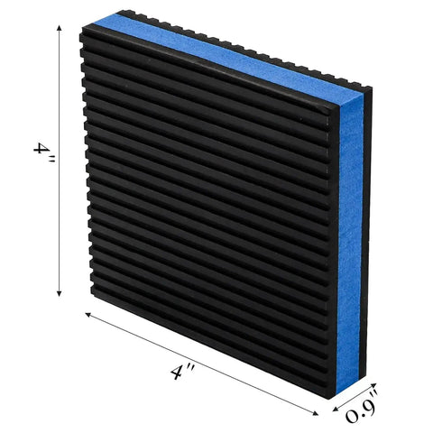 Eight Pack Beefy Rubber Anti Vibration Pads 4 Inch Square Seven Eighths Inch Thick black and blue pad with size dimensions