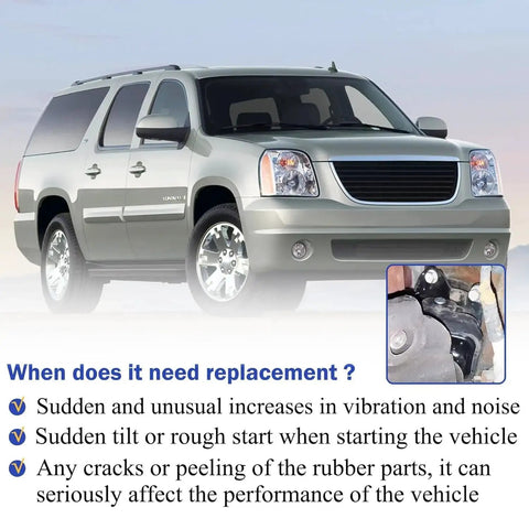 Silver SUV with inset image of a Beefed Up Engine Motor Mount With Heat Shield For 2007 To 2014 Chevy Tahoe Silverado Suburban Avalanche GMC Sierra Yukon Cadillac Escalade A5365HY OE Replacement 15854941 15854939 Black showing rubber wear.