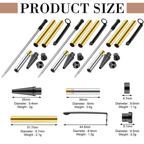 Slimline Pen Kit Set 7mm Twist With Refill Black, 20 Pack Wood Turning Lathe Supplies For DIY Copper Craft product size diagram