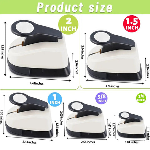 Dope 5 Circle Hole Punch Set For Paper Crafts And Scrapbooking, showing sizes 2, 1.5, 1, 5/8, 3/8 inch, ABS and zinc alloy material