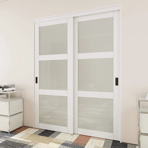 Sliding Closet Door Set 60x80 Inches Double Barn Doors With 3-Panel Frosted Fingerprint-Resistant Tempered Glass And Hardware Kit White MDF Paintable Surface Pre-Drilled Panels For No-Fuss Assembly installed view
