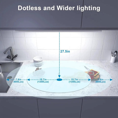 Kitchen view with Plug In 24 Inch Under Cabinet Light Bar, Dotless and Wider lighting, 1400 Lumen LED