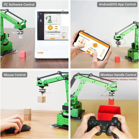 LewanSoul MaxArm robotic arm kit on desk with suction nozzle, green aluminum frame, controlled via PC software on laptop.

LewanSoul MaxArm robotic arm controlled by Android/iOS app on smartphone, green arm on desk.

LewanSoul MaxArm robotic arm working with mouse control, lifting wooden blocks on desk.

LewanSoul MaxArm robotic arm with wireless gamepad control (not included), green arm near red bin.