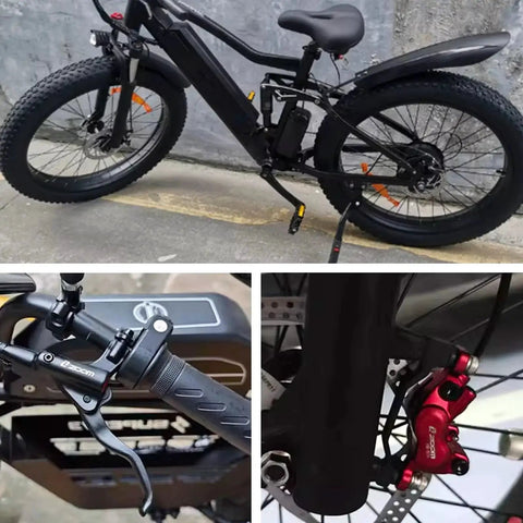 HAIKS Zoom HB876E hydraulic disc brake set for e-bikes, black lever and red 4-piston caliper with 180mm rotor on wheel