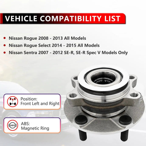 Front Wheel Hub Bearing Assembly Pair For 2008 To 2013 Nissan Rogue, 2014 To 2015 Rogue Select, 2007 To 2012 Sentra SE-R And SE-R Spec V, 5 Lug Wheel Bearing With ABS, Direct Bolt On Replacement For A Smooth Quiet Ride on white background with compatibility list.