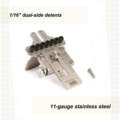 One Quarter Inch Stainless Steel Doweling Jig With Angle Guide for precision woodworking, 11-gauge steel with laser-marked scale.