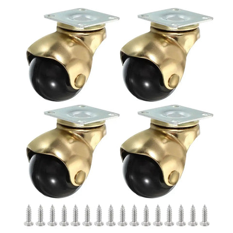 1.5 Inch Ball Caster Wheels Set Of 4 For Furniture, 360 Degree Swivel Top Plate Casters In Gold Finish with M4 Screws
