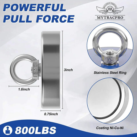 Side view of Fishing Magnet Kit 800 Lb Pulling Power With 65 Ft Nylon Rope For Salvage, showcasing size and stainless steel ring.