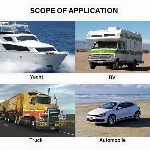 Scope of application for Two Pack 3/8 Inch 12V Car Battery Junction Block showing yacht, RV, truck, and automobile usage.