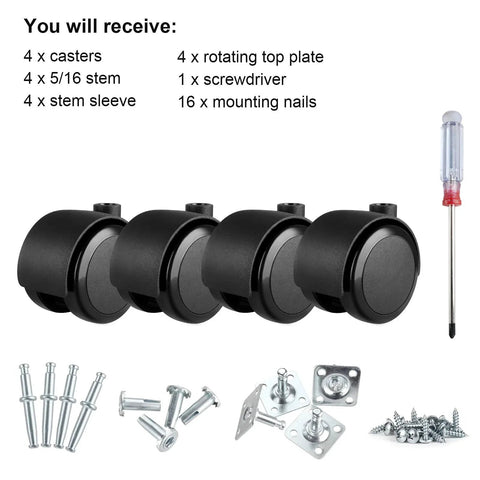 Two Inch Caster Wheels Set Of Four With Five Sixteenth Inch Valve Stem And Rotating Top Plate Installation Options Heavy Duty Casters with screws, screwdriver, and mounting hardware.