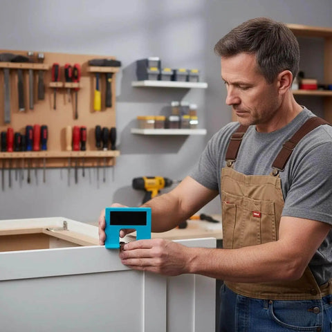 Man using Magnetic Cabinet Door Hinge Jig Kit With Adjustable Scale And Spacer For Quick No Drill Installation Easy Install Precise Door Jamb Alignment Durable 4 Piece Set For All Cabinet Doors on white cabinet.