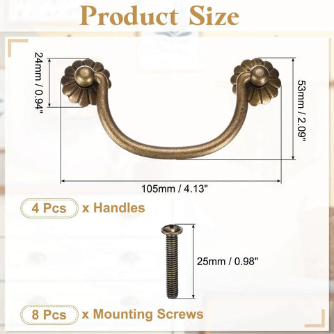 Product size diagram of Four Brass Drawer Pulls And Knobs Set With Double Mounting Holes In Vintage Flower Ring Design 4.13 Inch Long