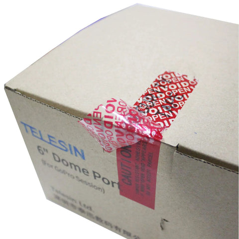 TamperSeals Group security tape on a cardboard box; red void film seal, 1in x 55yds