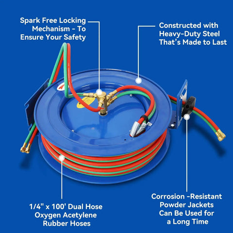 Retractable Welding Hose Reel With One Quarter Inch By One Hundred Foot Twin Oxygen And Acetylene Rubber Hoses Heavy Duty