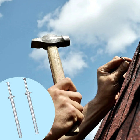 Person hammering 100 Pack One Quarter Inch By Three Inch Drive Nails For Anchor Hammer In Expansion Anchors Rustproof Zinc Plated Concrete Nails For Brick.