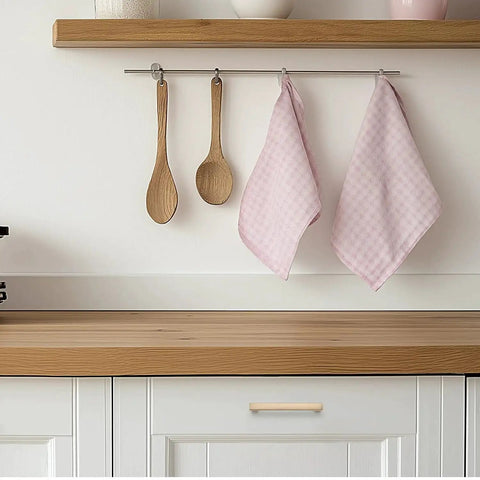 Kitchen showcasing Champagne Bronze Slim Cabinet Handles 10 Pack Solid Square Bar Drawer Pulls installed on white cabinets.