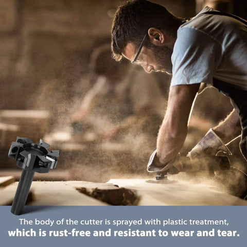 Beefy Slab Flattening Router Bit For CNC Surfacing Half Inch Shank Two Inch Cutting Diameter Six Wing Planing Bit With Carbide Inserts High RPM Up To Twenty Thousand Includes Six Screws Upgrade, shown in woodworking use.
