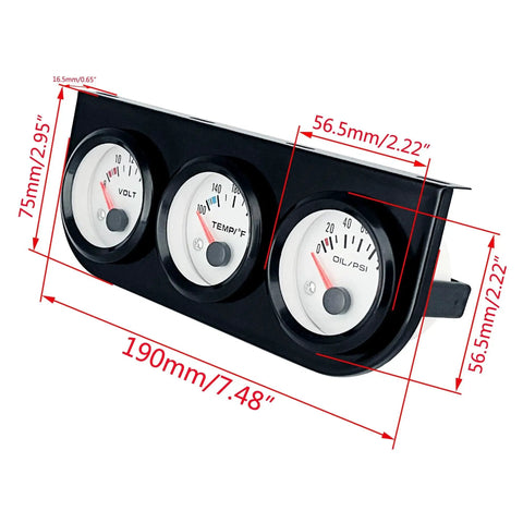 Three In One Auto Gauge Meter Kit 52mm For 12V Cars Trucks Tractors And Marine Engines with voltmeter, temp, oil pressure gauges