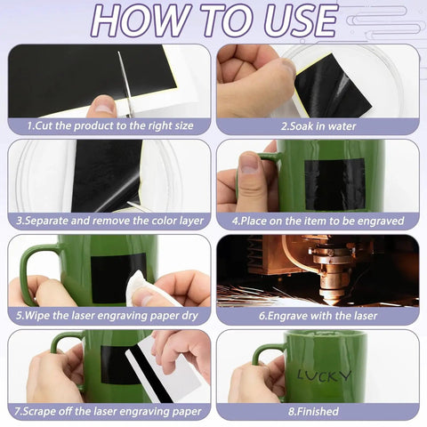 Step-by-step guide for using Two Pieces Laser Engraving Marking Paper 15.3 By 10.6 Inches for DIY crafts on green ceramic mug