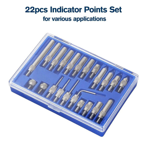 22-piece indicator point set in blue case for Pro Grade 0-1 Inch Dial Indicator With Magnetic Base And Adjustable Long Arm.