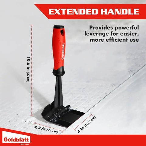 Trim Puller 4 Inch Tile Removal Multi Tool For Pro Grade Easy Home Improvement And Remodeling Projects With A Wide Contact Surface in use showing extended handle
