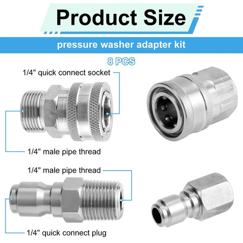 8 Piece Pressure Washer Fast Connect Adapter Set One Quarter Inch Male And Female Thread Couplers Stainless Steel Power Washer Accessories For Garden Hoses And Pumps