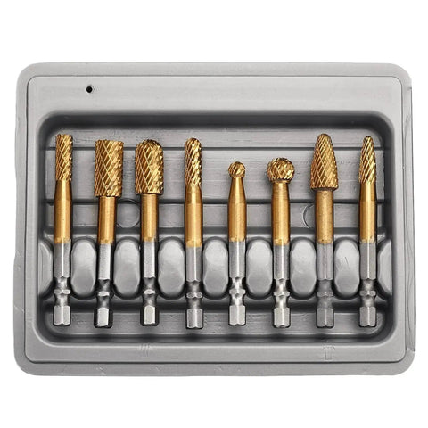 8Pcs Carbide Burr Set With One Quarter Inch Hex Shank For DIY Grinder Double Cut Tungsten Rotary Burrs in plastic tray