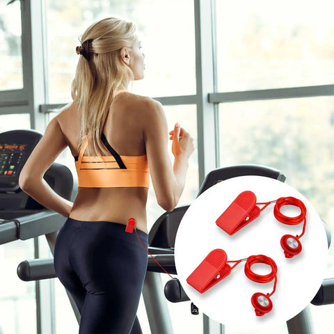 Two Pack Universal Treadmill Magnetic Safety Key Replacement Stop Magnet shown clipped to running belt, includes two red keys