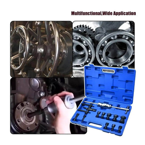 12-Piece Motorcycle Blind Bearing Puller Kit 8-25mm with slide hammer in blue case, shown with internal bearings and tools.