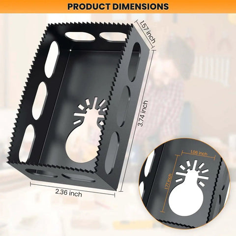 Pro Grade Drywall Outlet Cutter Tool Square Slot Cutter For Most Oscillating Tools, black with dimensions displayed.
