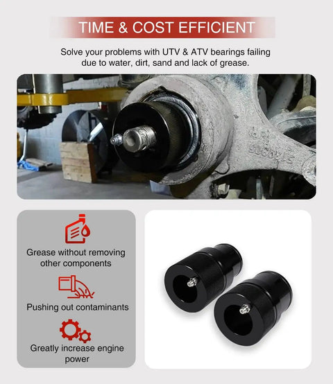 40mm And 44mm Front And Rear Wheel Bearing Greaser Tool Kit For ATV UTV SXS shown in use and disassembled parts
