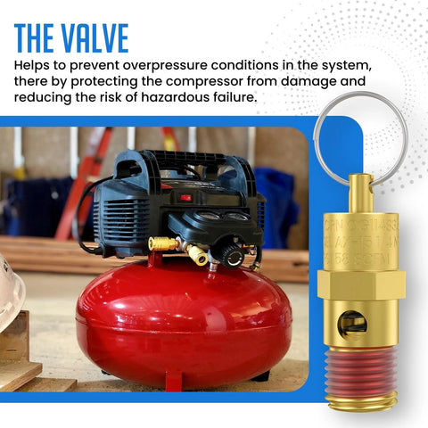 Brass air compressor pressure relief valve, 1/4 in NPT, 175 PSI, 2-pack, shown beside a red tank