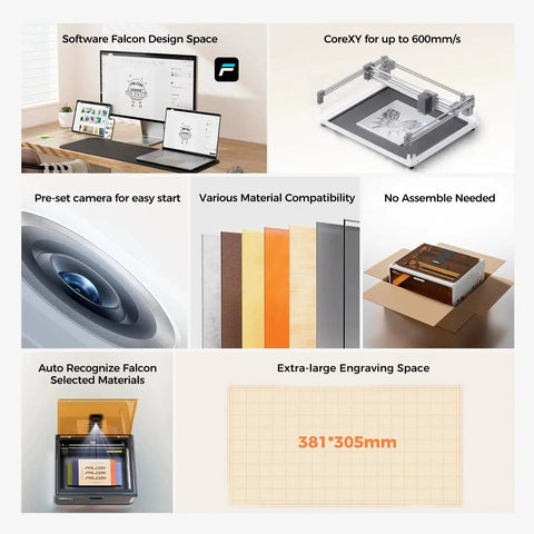 Collage showing the Falcon A1 10W Laser Engraver With Enclosed 80W Cutter, smart camera, various materials, and engraving space.
