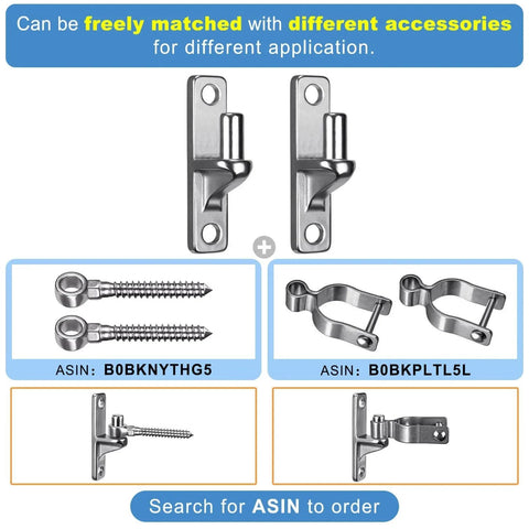 304 Stainless Steel Heavy Duty Gate Hinges 4 Pack, one-piece non-welded, displayed with matching accessories, rust-resistant design