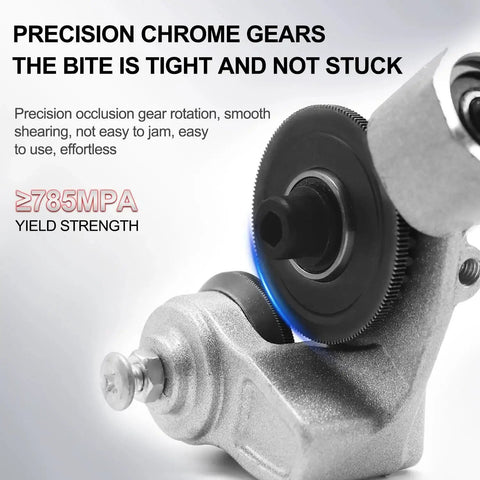 Close-up of Sheet Metal Nibbler Drill Attachment For Electric Drills, 21 Gauge And Below Cutter Nibbler with precision chrome gears.