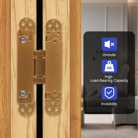 Hidden Door Hinges 6 Inch Heavy Duty Concealed Invisible 3 Way Adjustable 180 Degree Gold Two Pack Installed