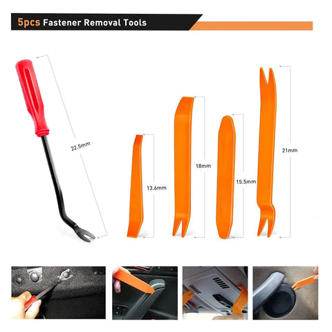 5-piece fastener removal tools with dimensions for car panel and bumper repairs, part of Must Have 725 Piece Car Push Retainer Clips And Auto Fasteners Kit With 23 Popular Sizes Nylon Bumper Fender Rivets Includes 10 Cable Ties And Remover For Toyota GM Ford Honda Chevy.