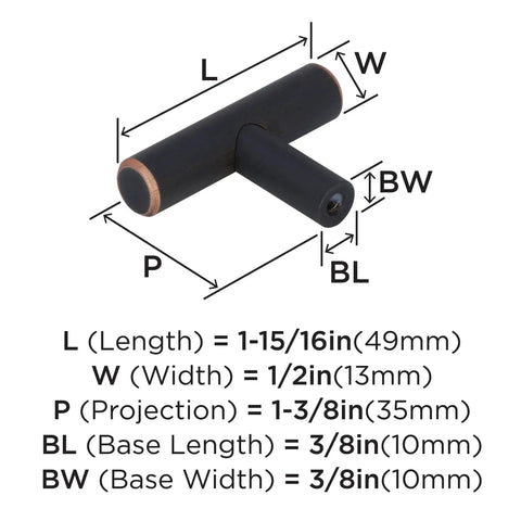 Oil Rubbed Bronze Cabinet Knob 1-15/16 Inch Length dimensions chart, contemporary drawer knob, bar pull style with warm copper highlights