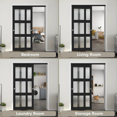 Sliding Closet Door 48 Inch Wide Two Panels Each 24.5 Inch Wide, 3 Lite Frosted Glass Bypass installed in various rooms